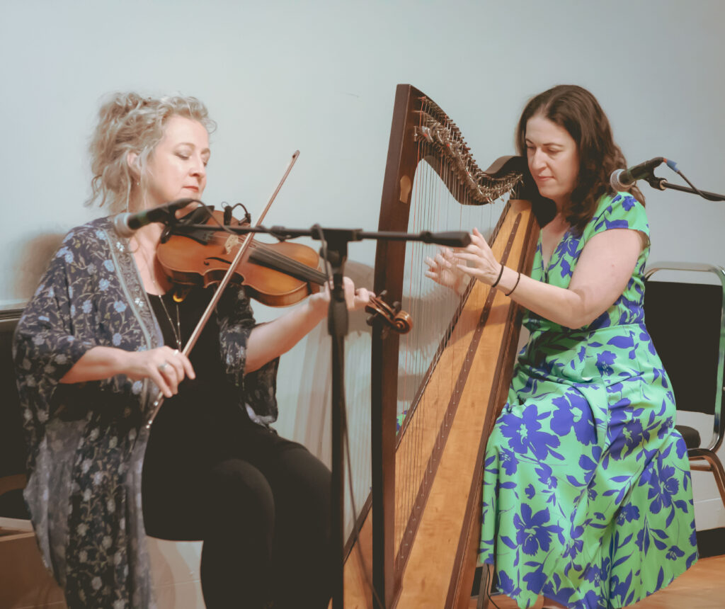 Liz Knowles and Eileen Gannon playing a concert on fiddle and harp.